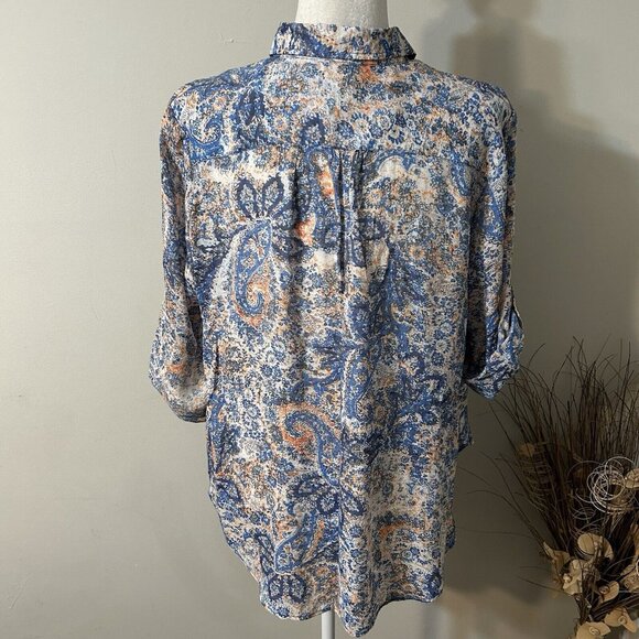 Westbound Petites 3/4 Sleeve Button Up Shirt Blue Orange Paisley Floral Women LP - Picture 2 of 6